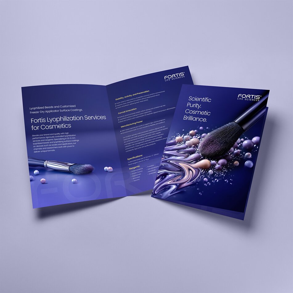 Fortis Life Sciences brochure for lyophilization services for cosmetics featuring freeze-dry reagents.