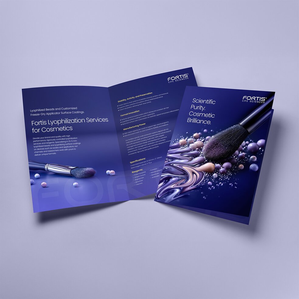 Fortis Life Sciences brochure for lyophilization services for cosmetics featuring freeze-dry reagents.