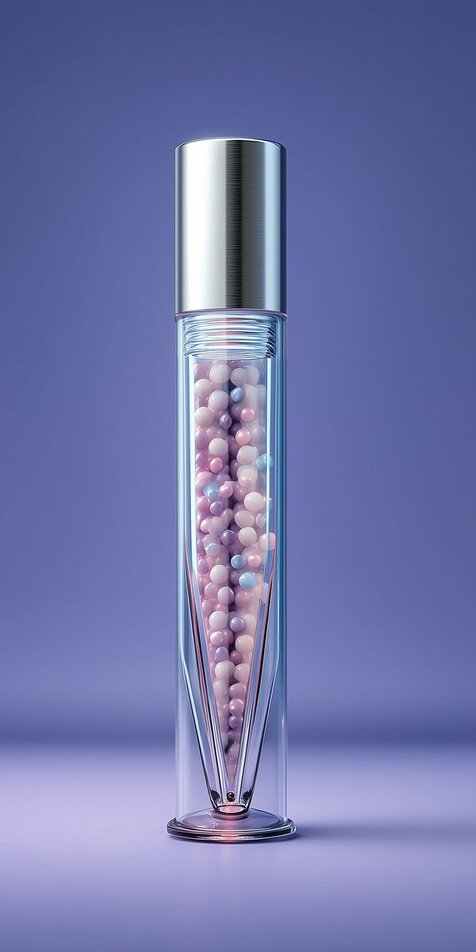 Illustration of freeze-dried cosmetic bead dissolving to form custom serum