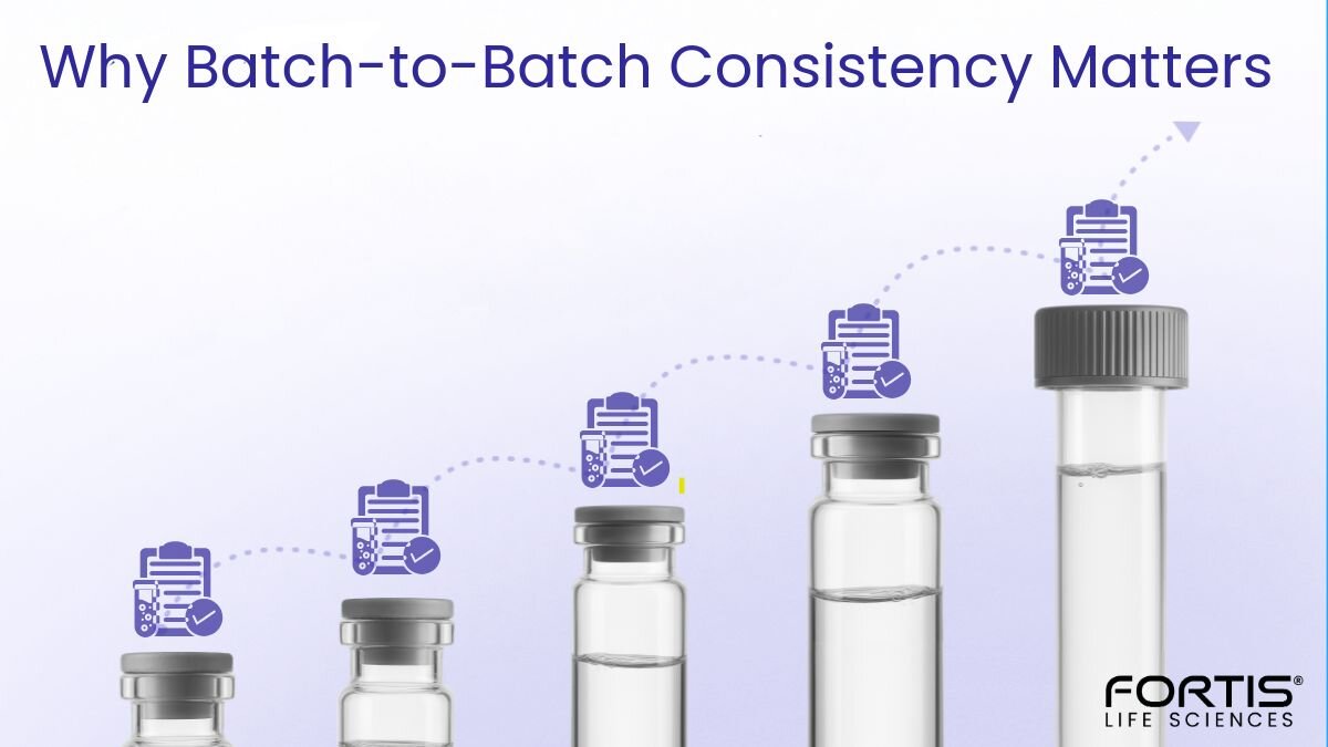 Visual representation of increasing reagent vial sizes with quality control icons, symbolizing batch-to-batch consistency in molecular assay manufacturing.