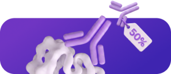 Antibody with a 50% discount tag next to an antigen structure on a purple background