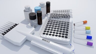 Visual illustrating tubes, 96 well plate, 8 channel pipette to represent assays and kits used in diagnostics and molecular biology.