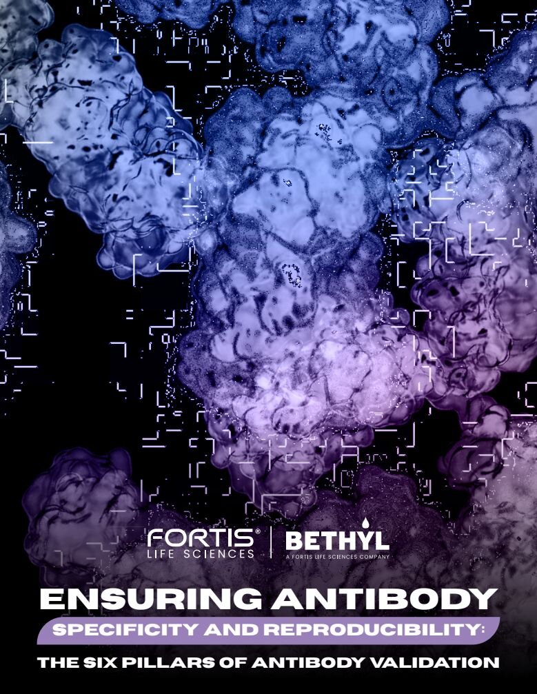 Cover page titled "Ensuring Antibody Specificity and Reproducibility: The Six Pillars of Antibody Validation" by Fortis Life Sciences.
