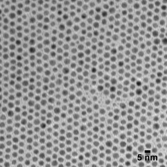 High-resolution TEM image of uniformly arranged nanoparticles with a 5 nm scale bar.