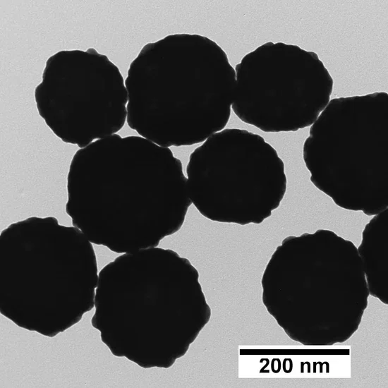 TEM image showing large, dark spherical nanoparticles with rough edges, scale bar indicating 200 nm.