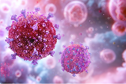 Microscope-style image of clustered yellow spherical particles against a blue background.