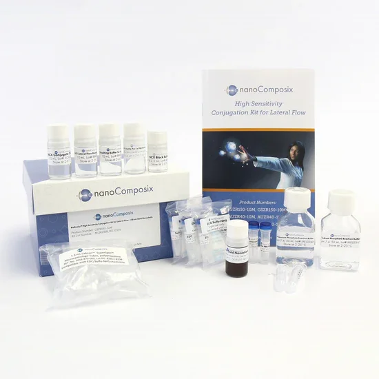 nanoComposix High Sensitivity Conjugation Kit for Lateral Flow with reagents, vials, buffers, and instruction manual.