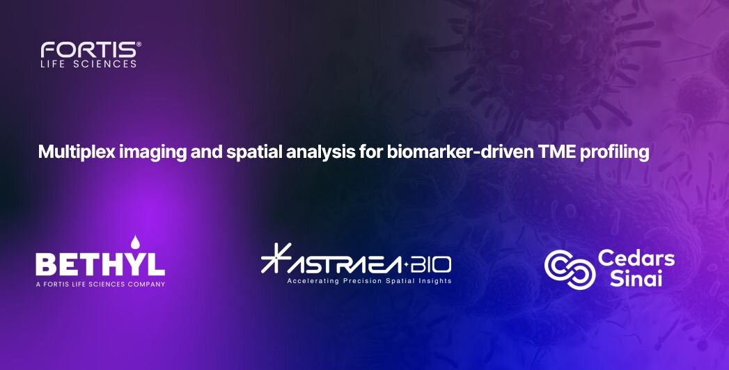 Multiplex imaging webinar banner highlighting biomarker driven tumor microenvironment profiling with Bethyl Labs, Astraea Bio, and Cedars Sinai.