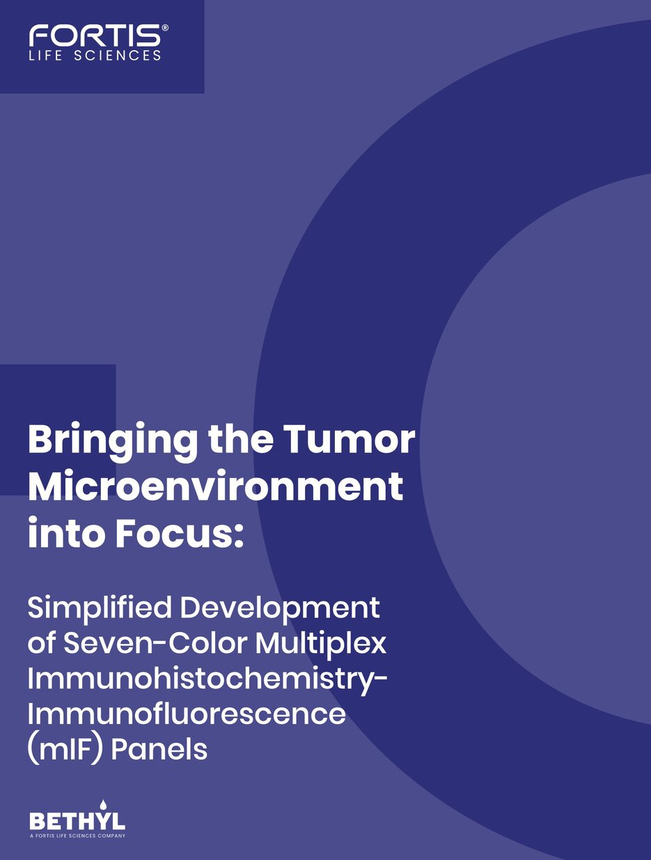 Cover page titled "Bringing the Tumor Microenvironment into Focus," highlighting simplified seven-color multiplex IHC-IF (mIF) panel development.