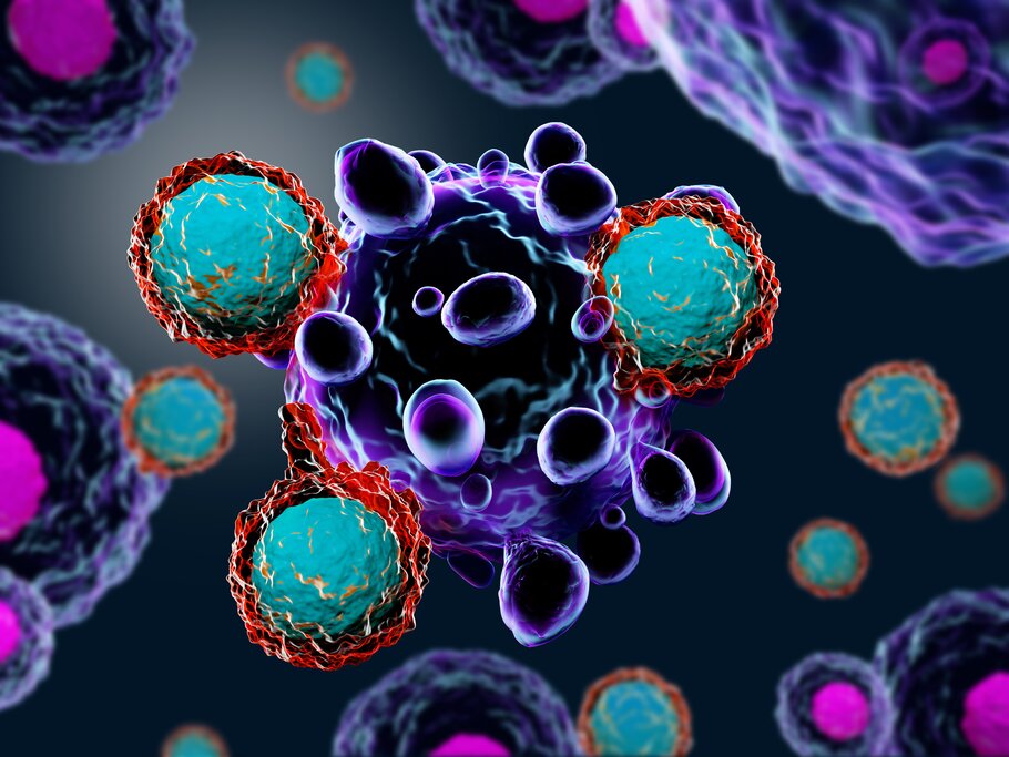 Three T cells, in teal and red, attacking the outside of one cancer cell, in bright purple.