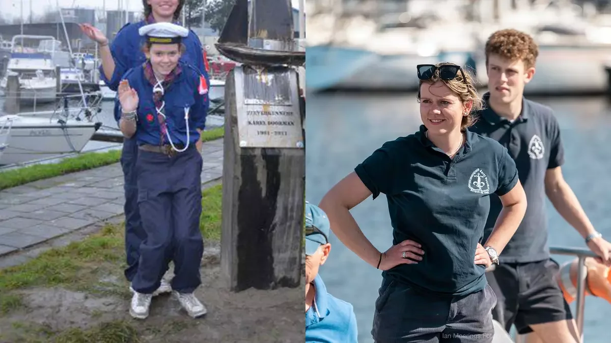 Megan Moerings links als jonge verkenner en rechts als schipper van de zeeverkenners meisjes Karel Doorman uit Bergen op Zoom