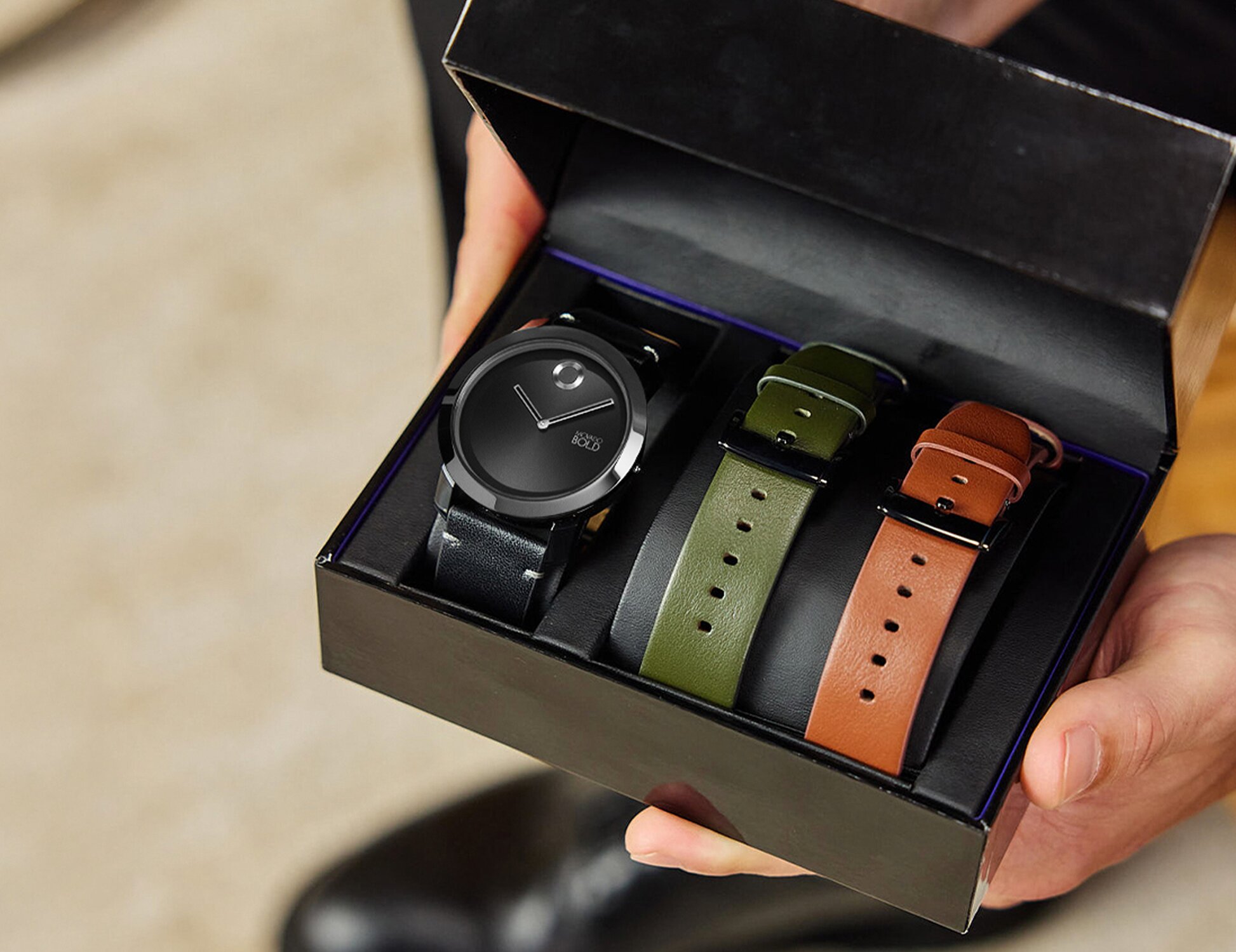 Movado Trend interchangeable strap gift set displayed in gift box