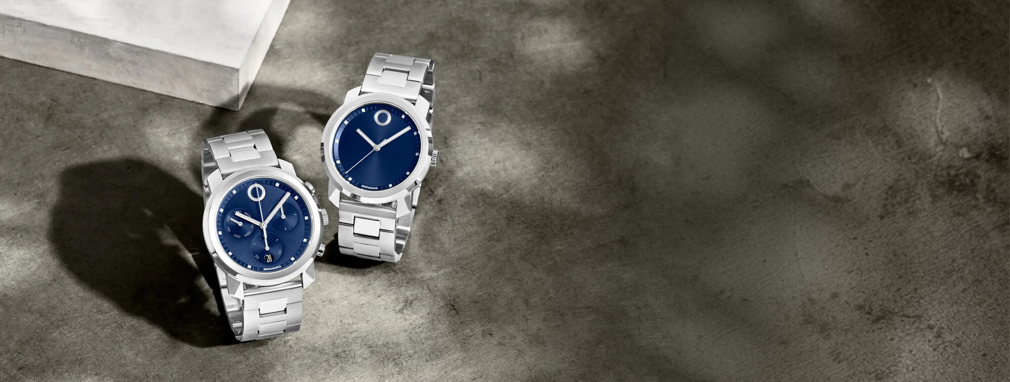 Movado trend propel stainless steel bracelet with blue dial paired with matching chronograph