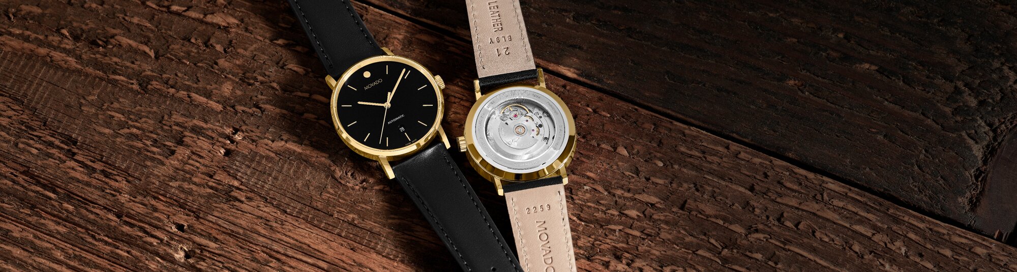Movado Signature strap automatic watch showcasing both the front and back of the case to highlight the automatic movement 