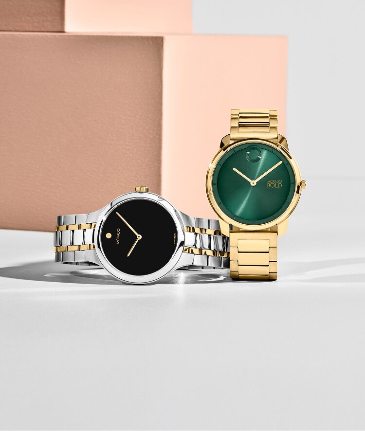 Movado Areo deal with two tone bracelet  and black dial paired with a Movado Trend Element deal with gold bracelet and green dial