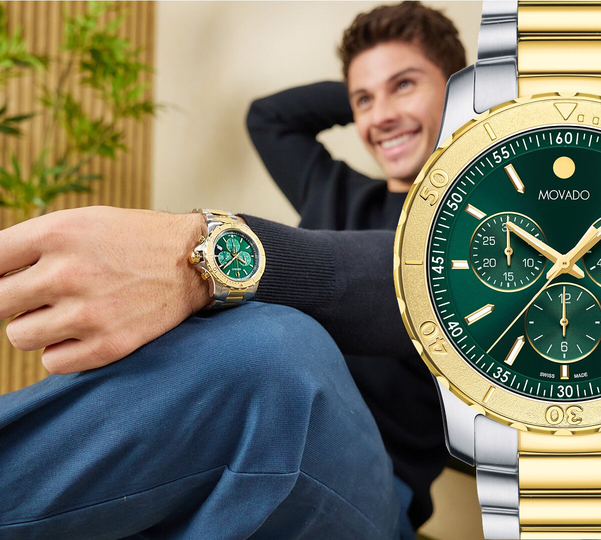 Model wearing the Movado Active Sport Chronograph watch alongside a close up detail of the watch with two tone bracelet and green dial