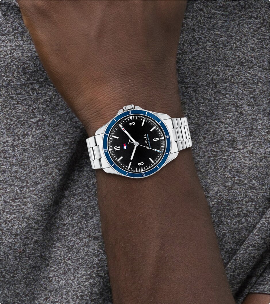 Tommy Hilfiger men's stainless steel bracelet with black dial on model