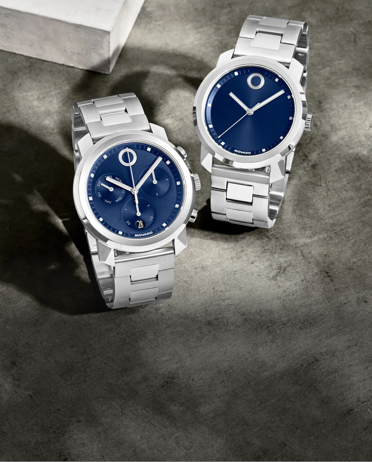 Movado trend propel stainless steel bracelet with blue dial paired with matching chronograph