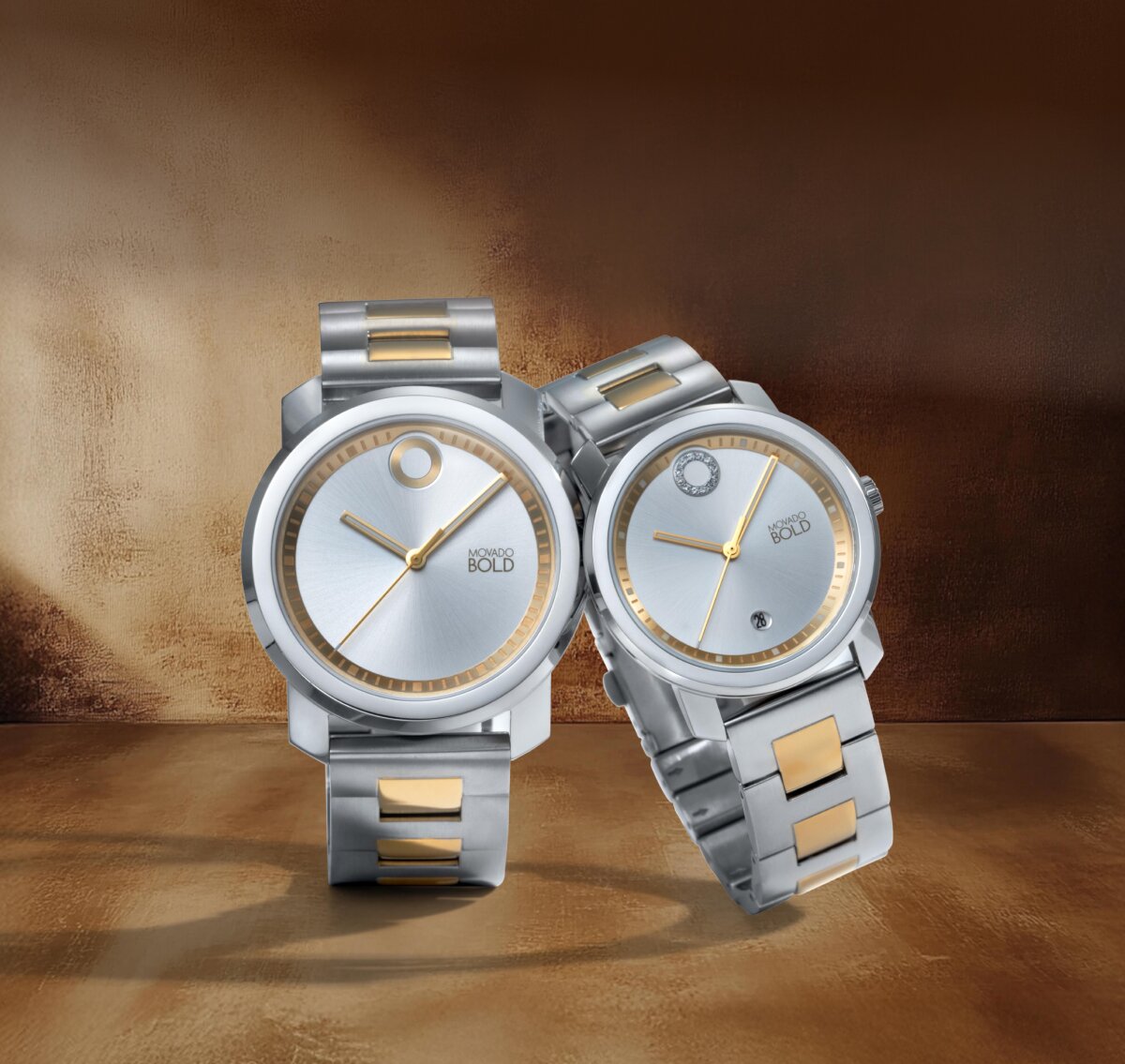 Picture of Movado Trend two tone men's watch and Movado Trend two tone with crystals women's watch