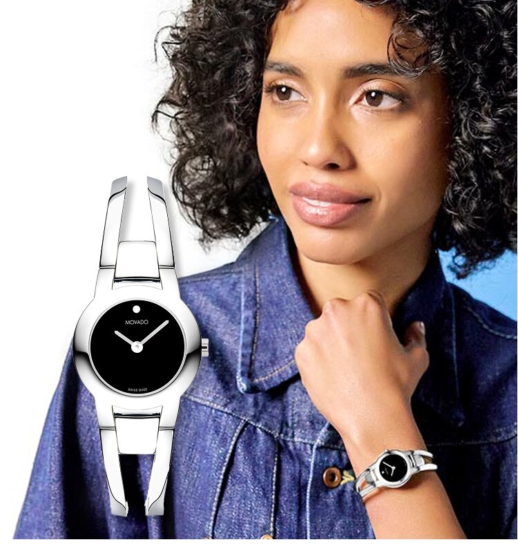 Movado Impresa women's bangle on model and front view flat lay of the bangle