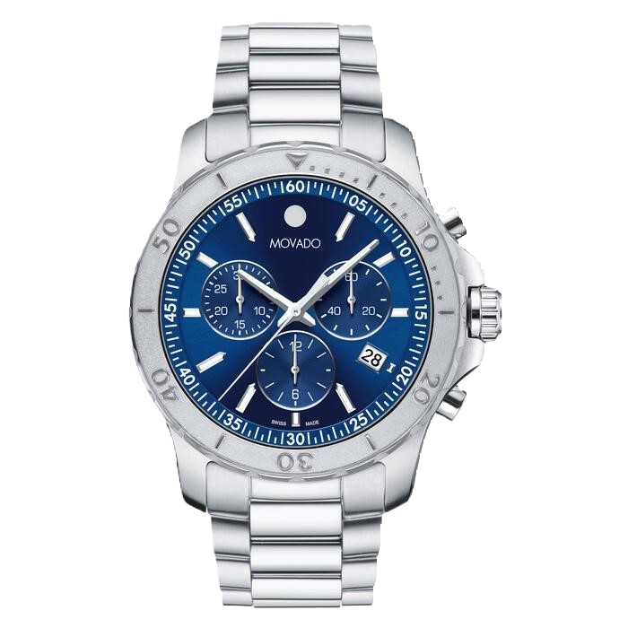 Movado chronograph active sport with silver bracelet and blue dial