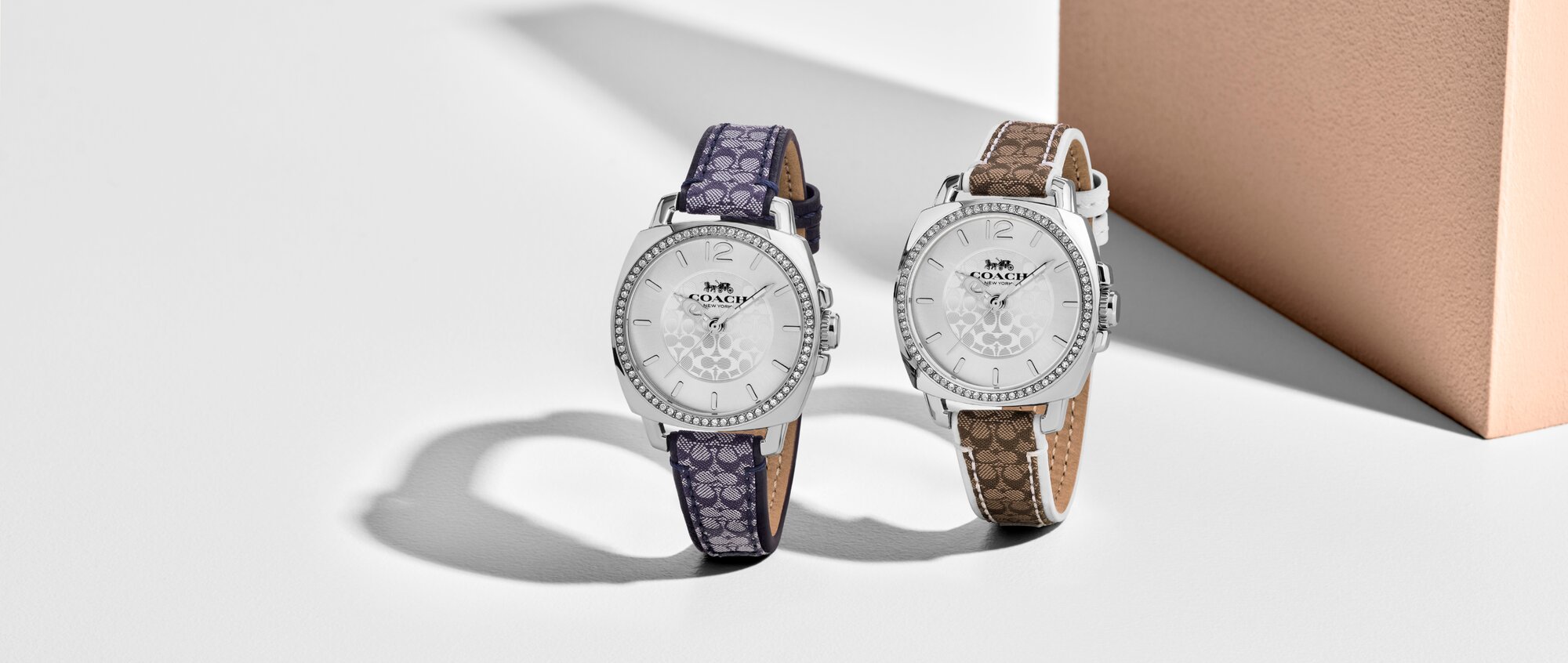 Coach Boyfriend crystal women's watches in blue and brown signature c strap