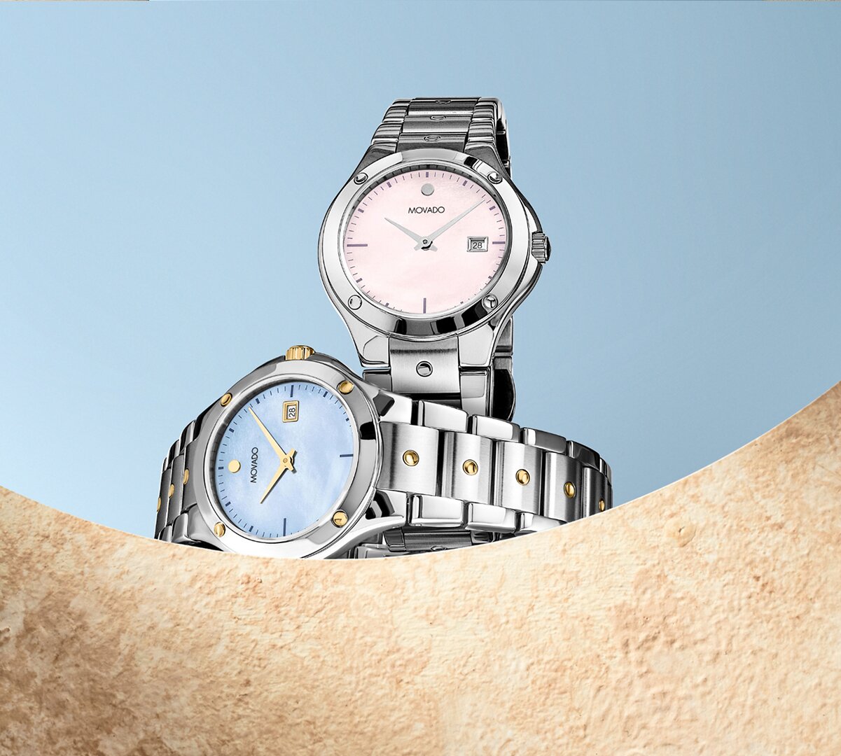 Movado Excel women's watches with pale pink and pale blue mother of pearl dial