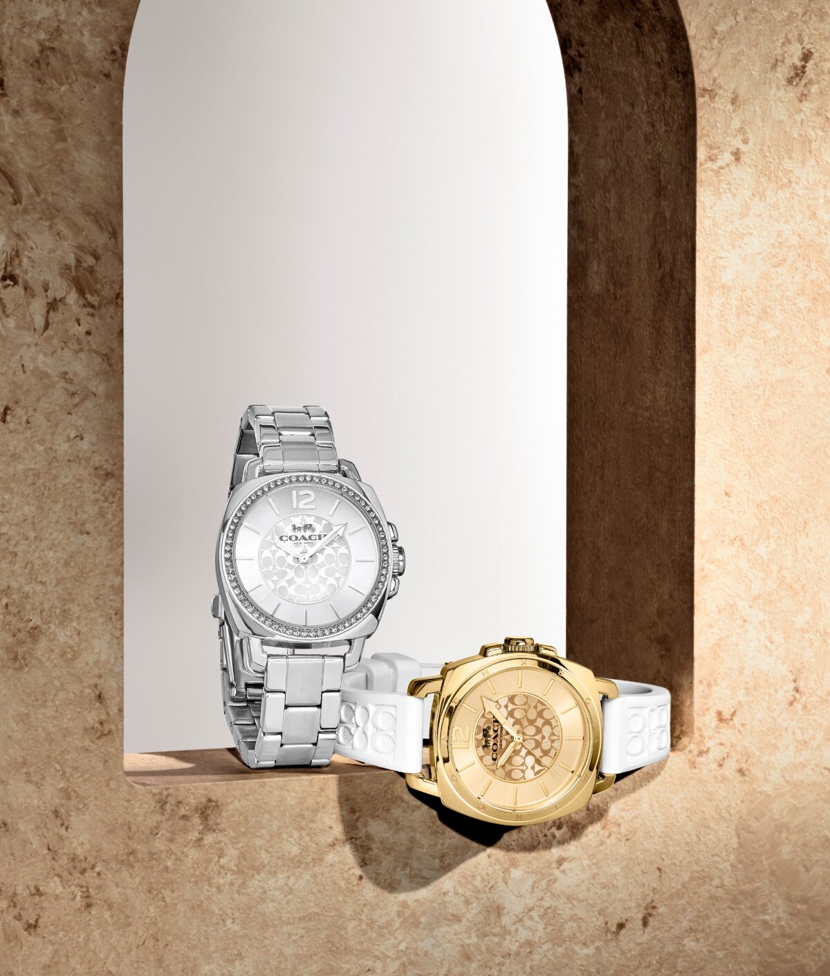 Coach Boyfriend stainless steel plated bracelet and Coach Boyfriend white silicone strap with gold plated dial
