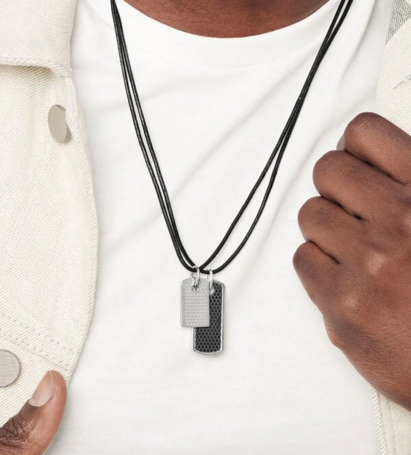 Movado micro tag necklaces on model