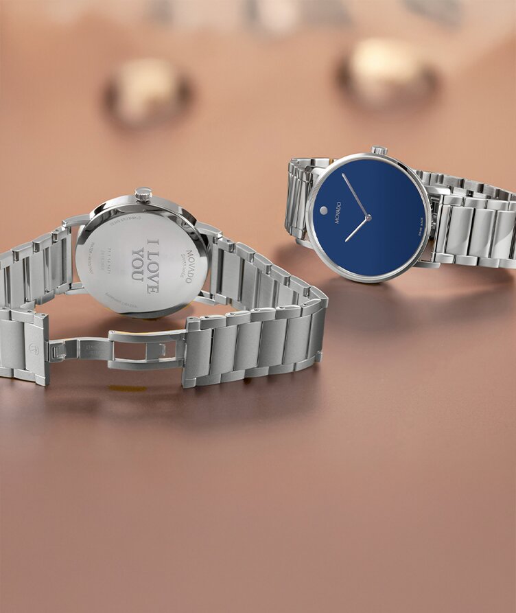 Movado Signature stainless steel bracelet with engraving on caseback