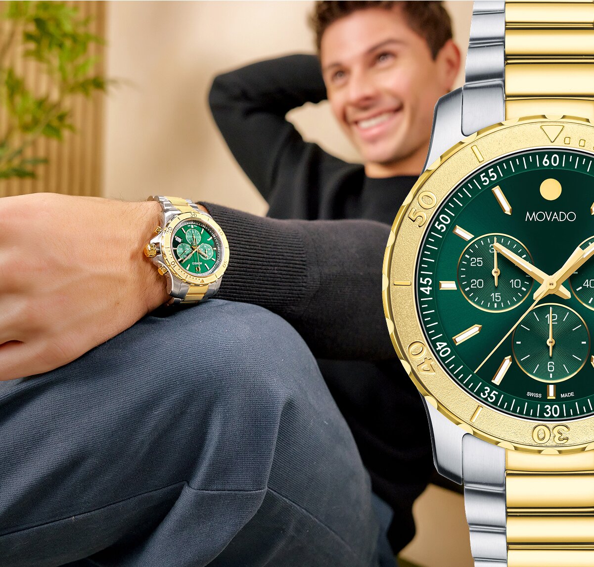 Model wearing the Movado Active Sport Chronograph watch alongside a close up detail of the watch with two tone bracelet and green dial