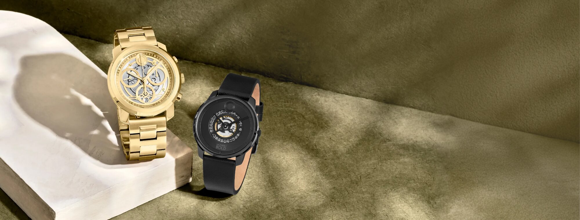 Movado Trend skeleton watches in gold plated bracelet and black leather strap