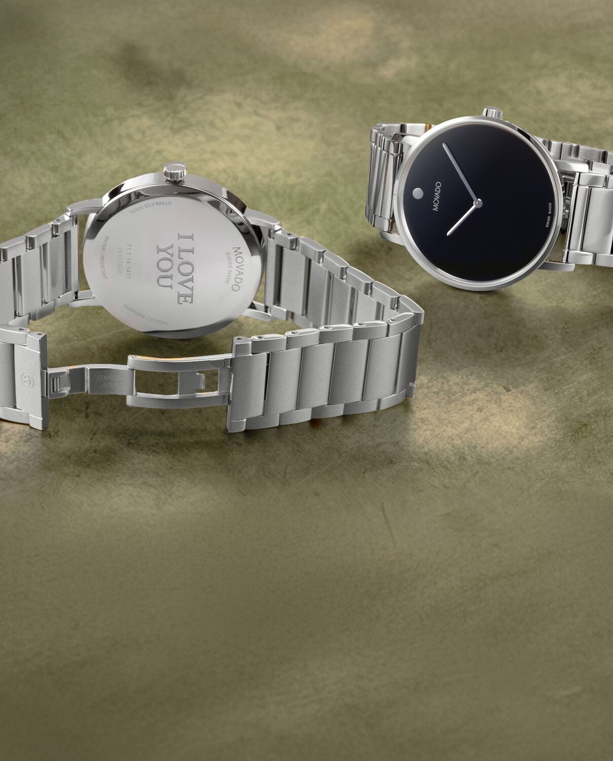 Movado signature stainless steel bracelet with engraving on caseback