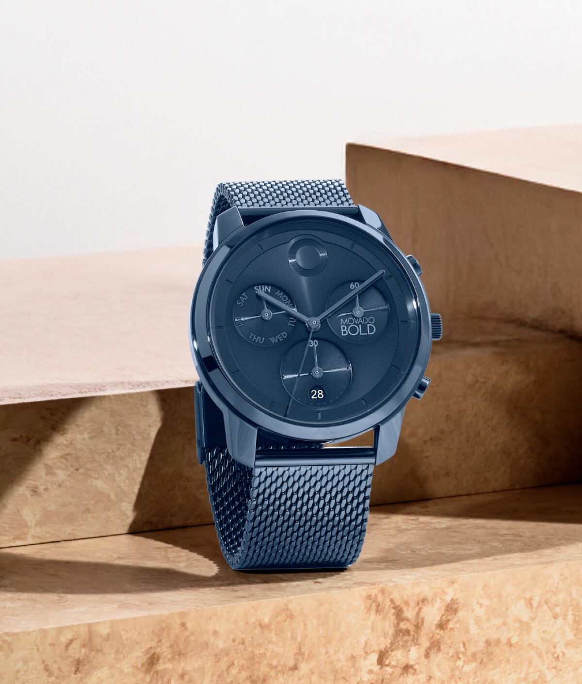 Movado Trend Element Chronograph watch with mesh bracelet in blue ionic plated stainless steel