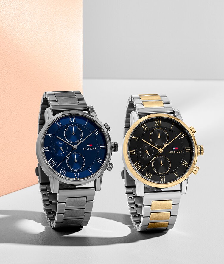 Tommy Hilfiger mens watches in two tone and grey IP bracelets