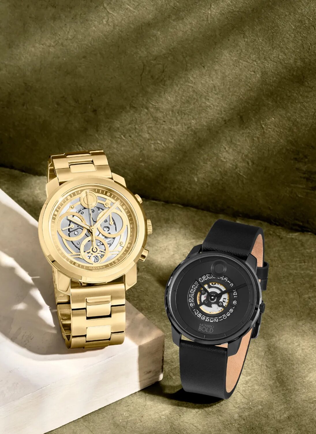 Movado Trend skeleton watches in gold plated bracelet and black leather strap