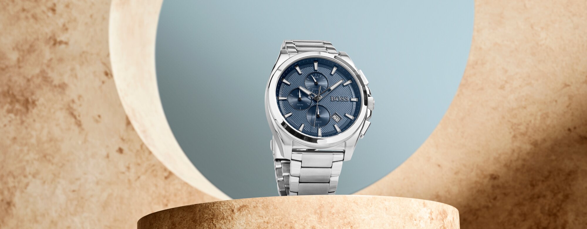 Boss Grandmaster chronograph men's watch with stainless steel bracelet and blue dial for a sporty look