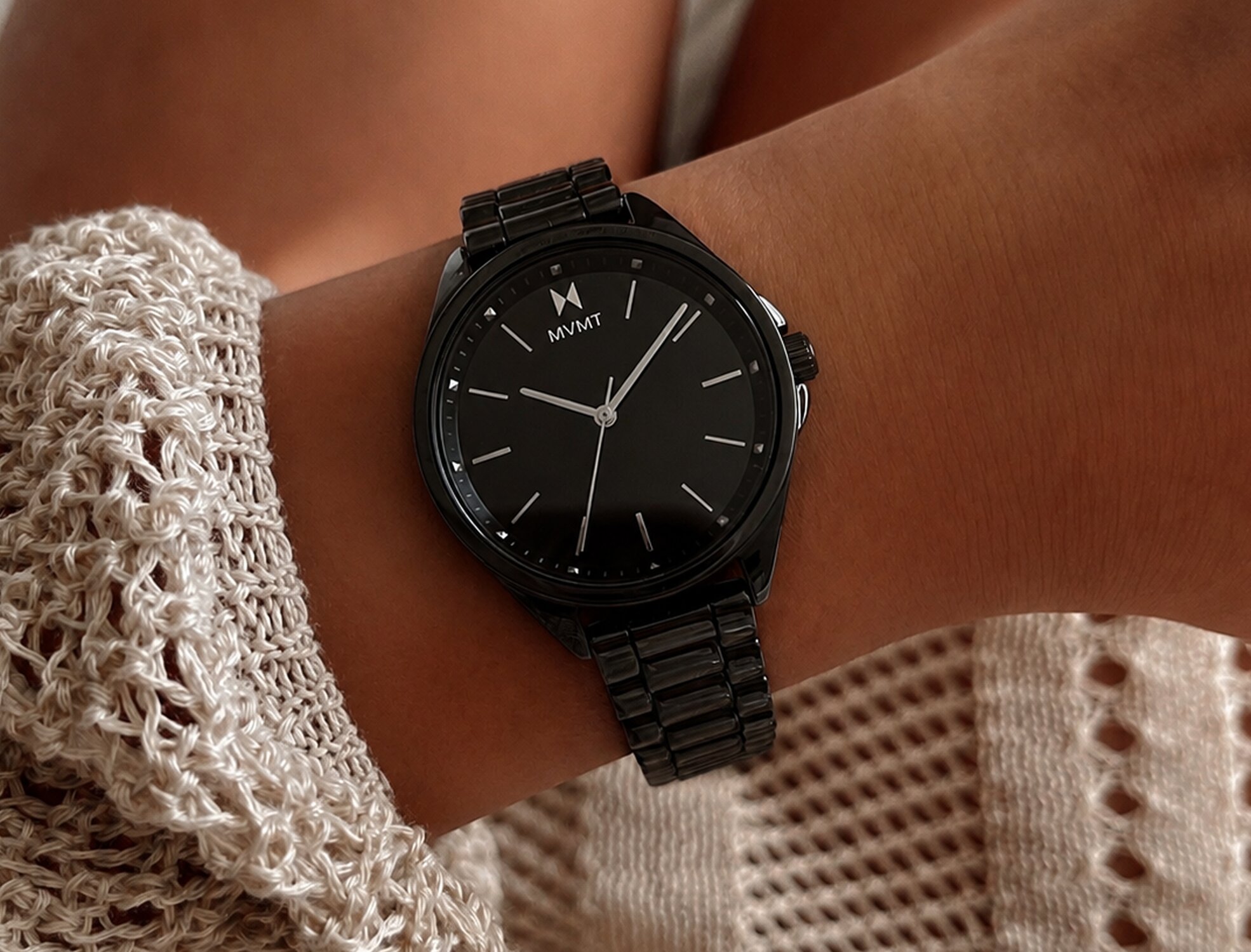 MVMT Coronada black ceramic watch on model 