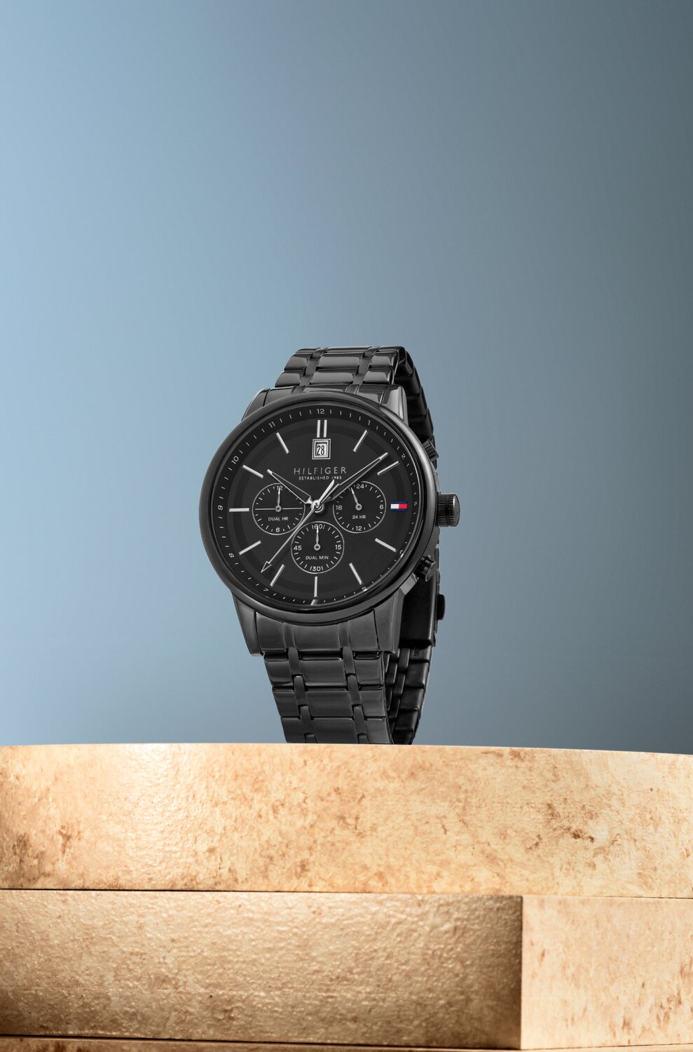 Tommy Hilfiger men's watch with black plated stainless steel bracelet and black dial with logo at 3 o'clock