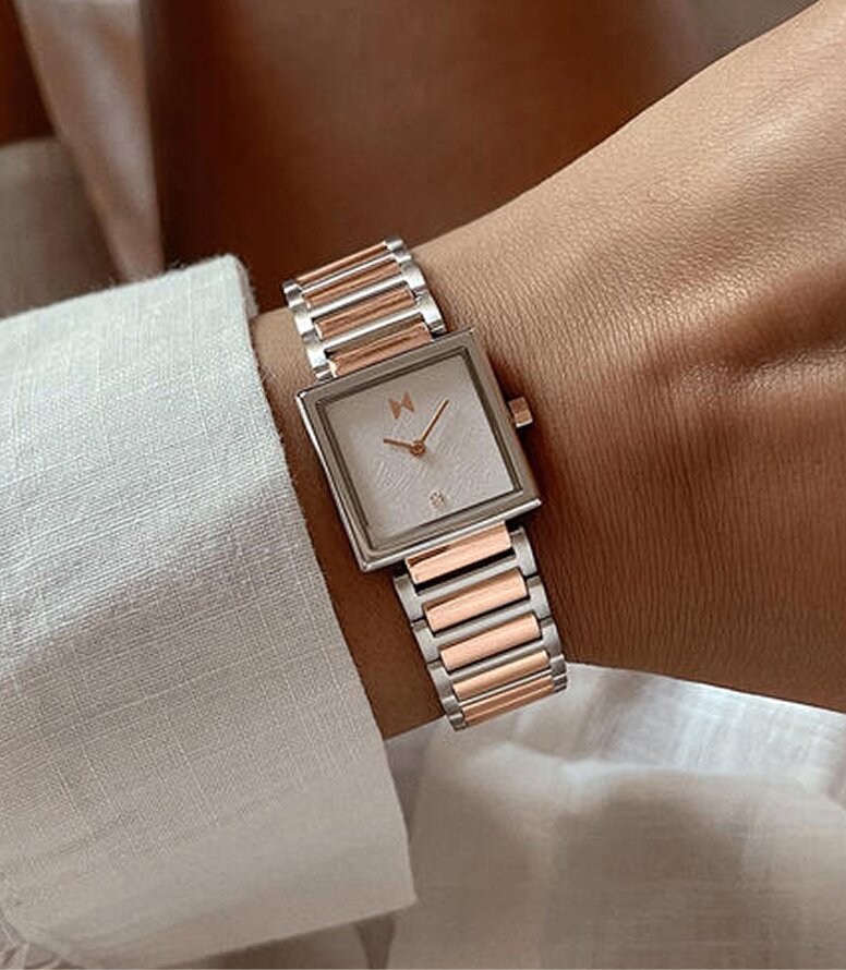 MVMT Frost women's square watch on model