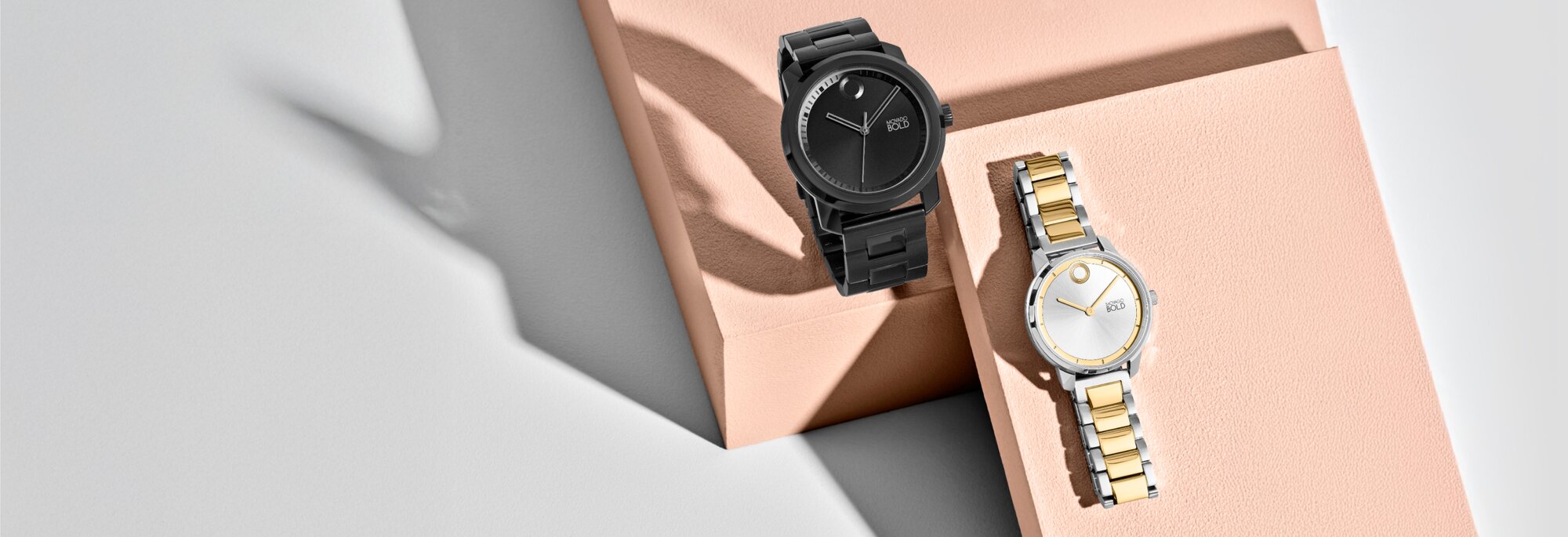 Movado Trend mens black IP bracelet paired with womens two tone bracelet