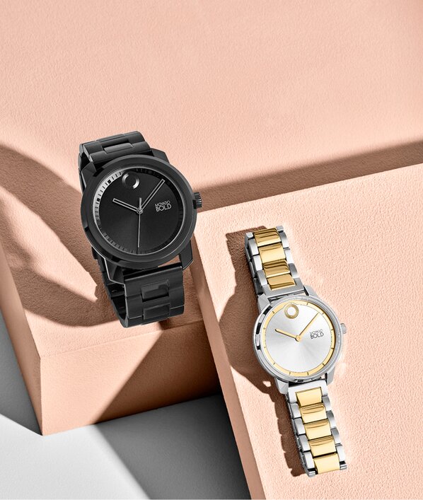 Movado Trend mens black IP bracelet paired with womens two tone bracelet