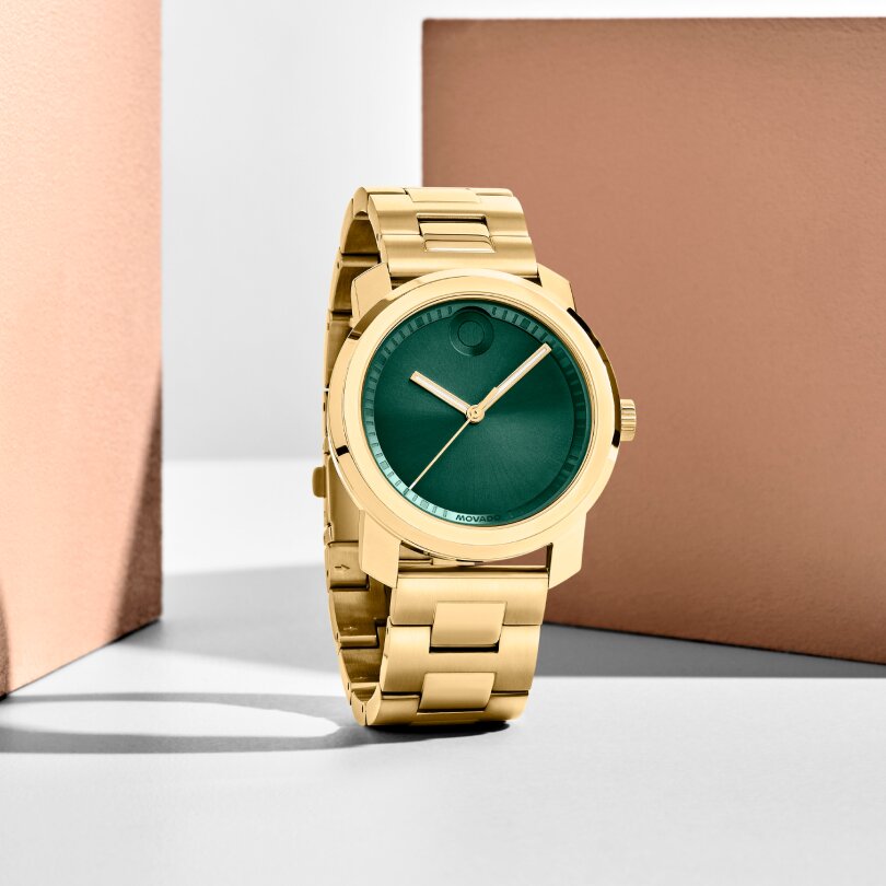 Movado Trend thin gold ionic plated stainless steel mesh bracelet and gold dial watch on model 
