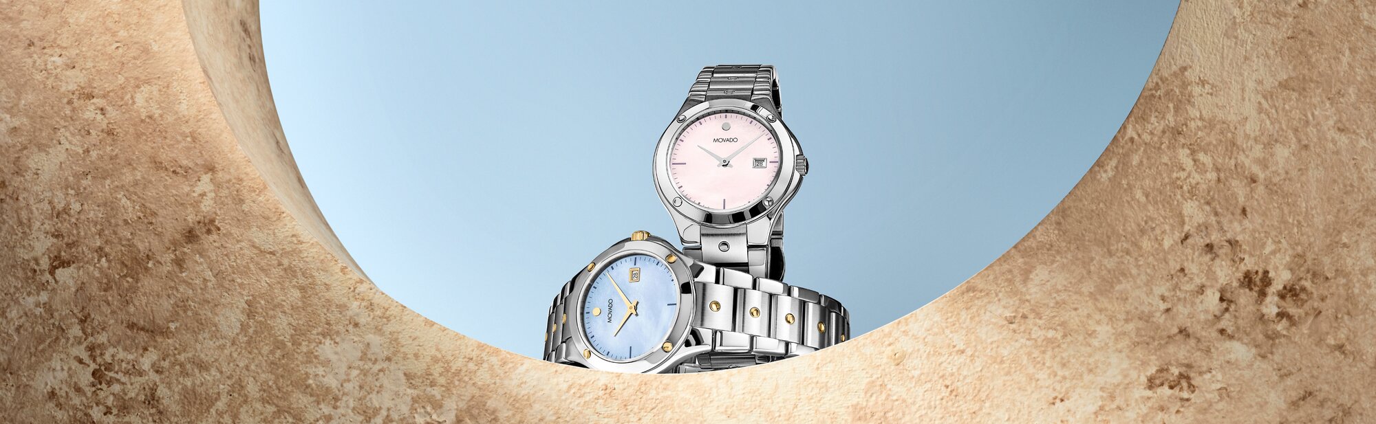 Movado Excel women's watches with pale pink and pale blue mother of pearl dial