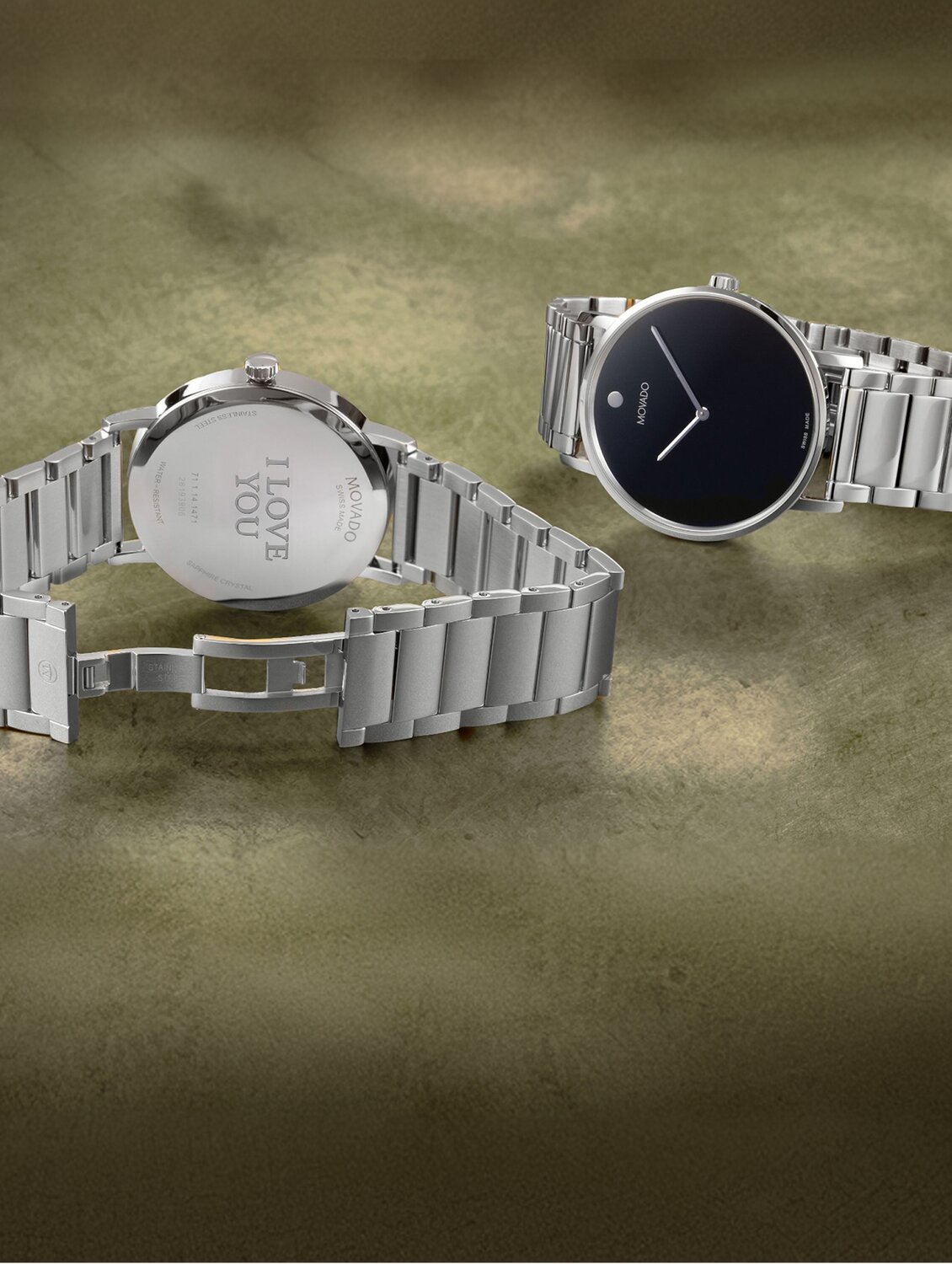 Movado Signature stainless steel bracelet with engraved case back