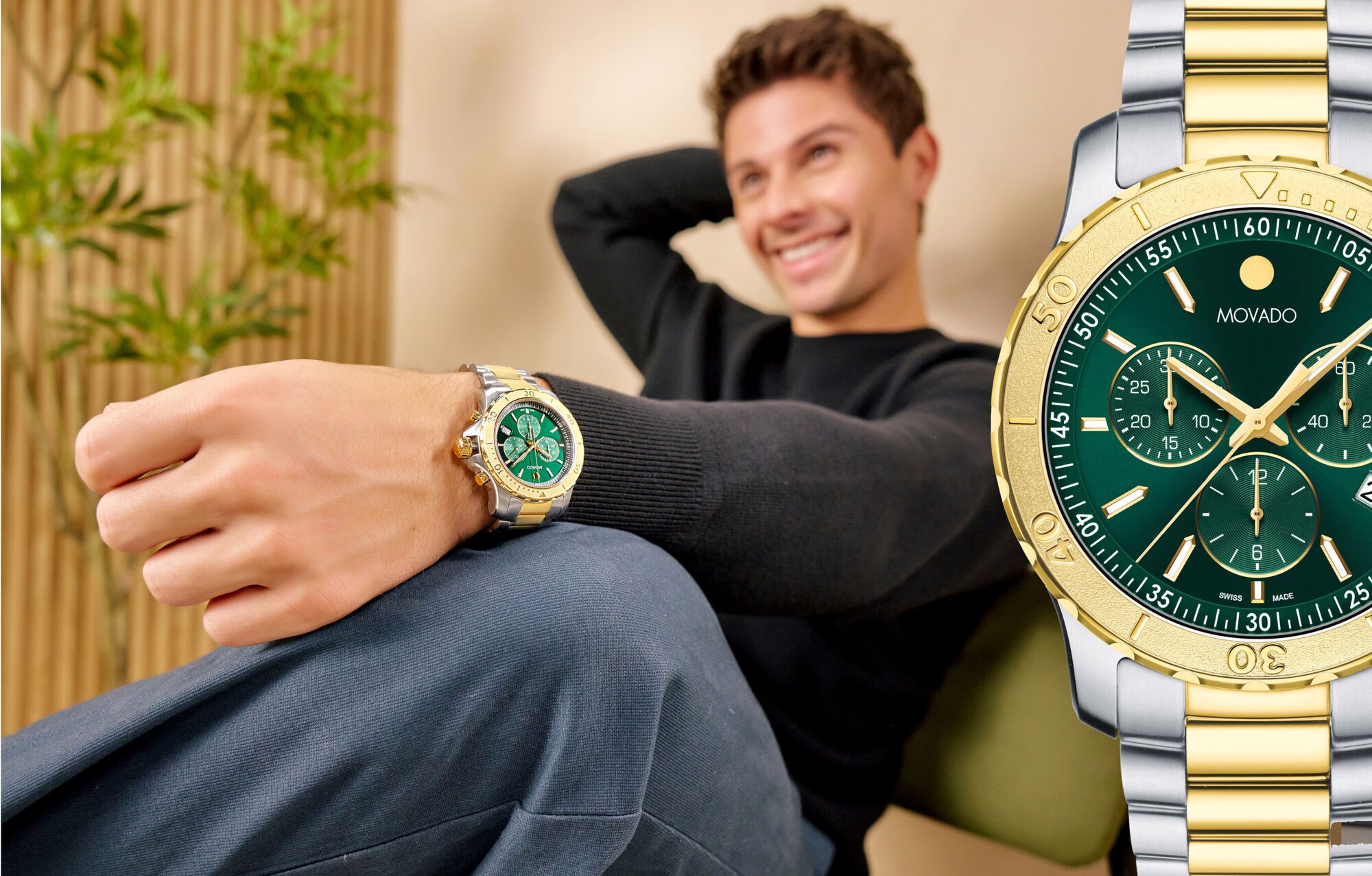 Model wearing the Movado Active Sport Chronograph watch alongside a close up detail of the watch with two tone bracelet and green dial