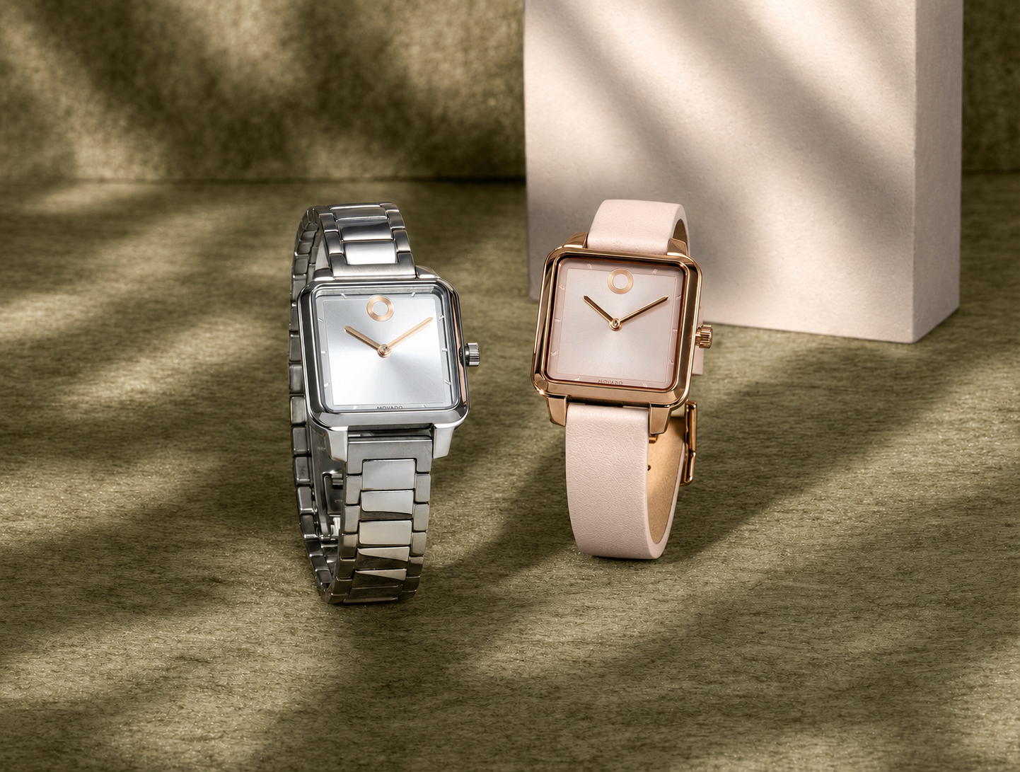 Movado Trend stainless steel bracelet and pink strap shaped dials