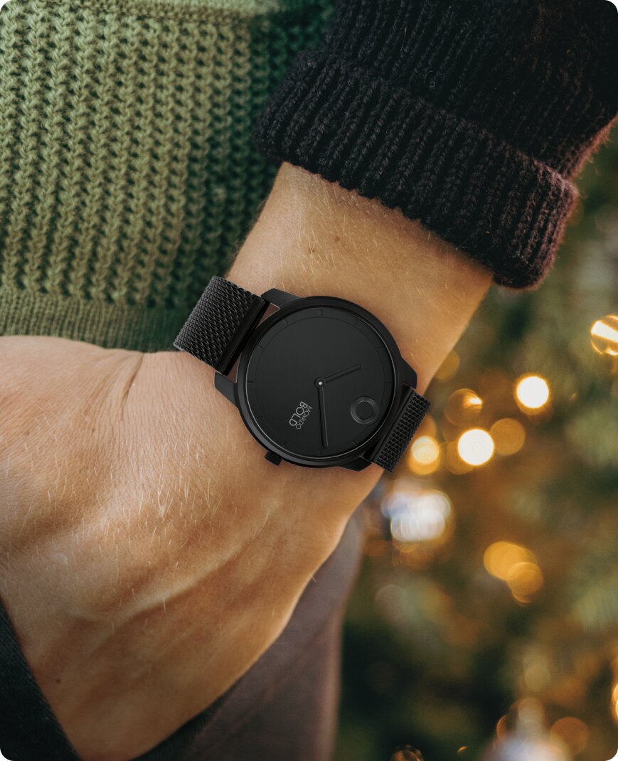 Movado Trend black mesh bracelet on model