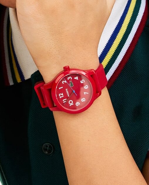 Lacoste 12.12 kids red silicone watch on model