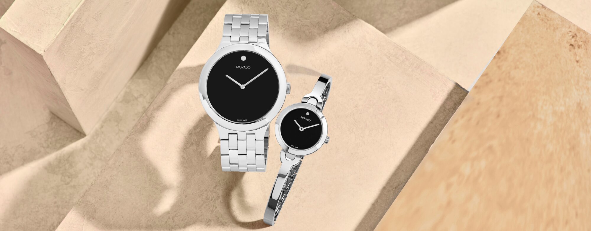 Movado Veturi and Movado Intrigue bangle with stainless steel bracelet and black dials